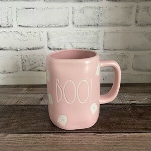 Pink Rae Dunn “BOO” mug with ghosts on it